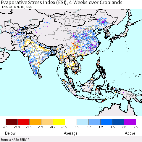 Asia Evaporative Stress Index (ESI), 4-Weeks over Croplands Thematic Map For 3/18/2024 - 3/24/2024