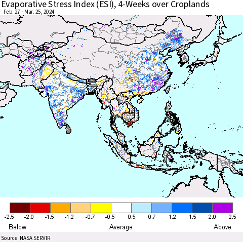 Asia Evaporative Stress Index (ESI), 4-Weeks over Croplands Thematic Map For 3/25/2024 - 3/31/2024