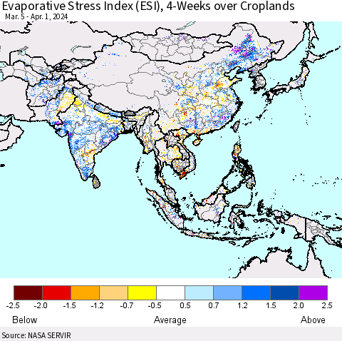 Asia Evaporative Stress Index (ESI), 4-Weeks over Croplands Thematic Map For 4/1/2024 - 4/7/2024