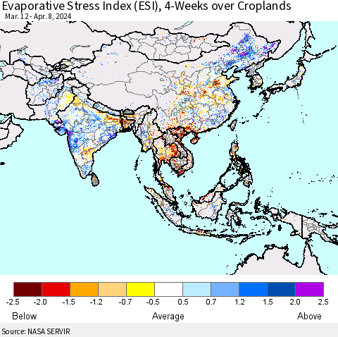 Asia Evaporative Stress Index (ESI), 4-Weeks over Croplands Thematic Map For 4/8/2024 - 4/14/2024