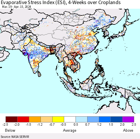 Asia Evaporative Stress Index (ESI), 4-Weeks over Croplands Thematic Map For 4/15/2024 - 4/21/2024