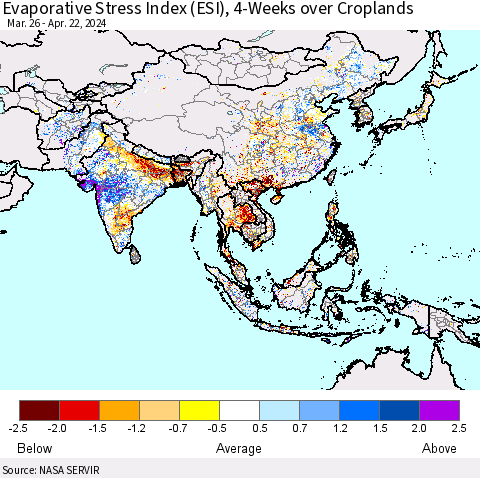 Asia Evaporative Stress Index (ESI), 4-Weeks over Croplands Thematic Map For 4/22/2024 - 4/28/2024