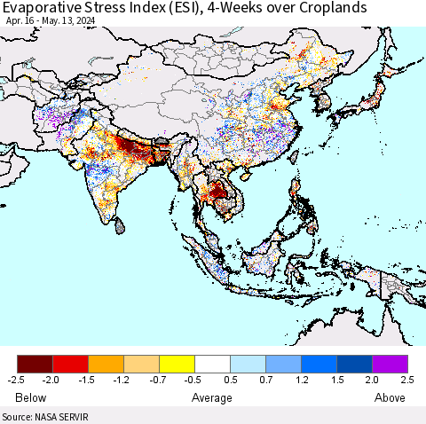 Asia Evaporative Stress Index (ESI), 4-Weeks over Croplands Thematic Map For 5/13/2024 - 5/19/2024