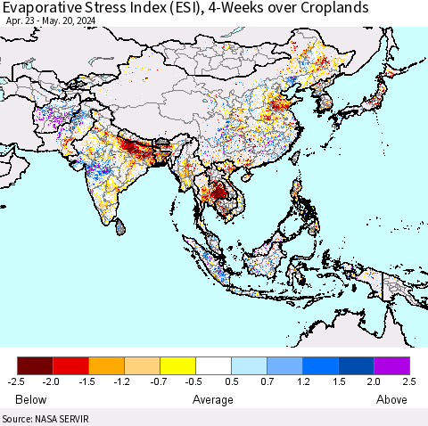 Asia Evaporative Stress Index (ESI), 4-Weeks over Croplands Thematic Map For 5/20/2024 - 5/26/2024