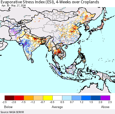 Asia Evaporative Stress Index (ESI), 4-Weeks over Croplands Thematic Map For 5/27/2024 - 6/2/2024