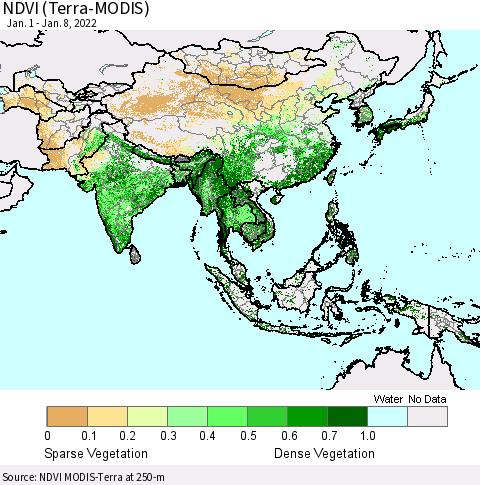 Asia NDVI (Terra-MODIS) Thematic Map For 1/1/2022 - 1/8/2022