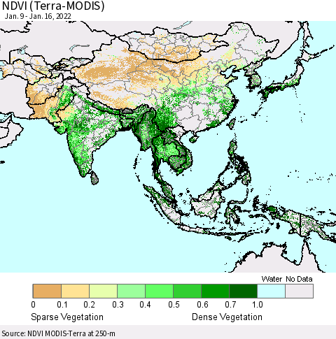 Asia NDVI (Terra-MODIS) Thematic Map For 1/9/2022 - 1/16/2022