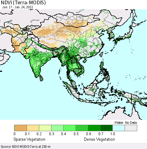 Asia NDVI (Terra-MODIS) Thematic Map For 1/17/2022 - 1/24/2022