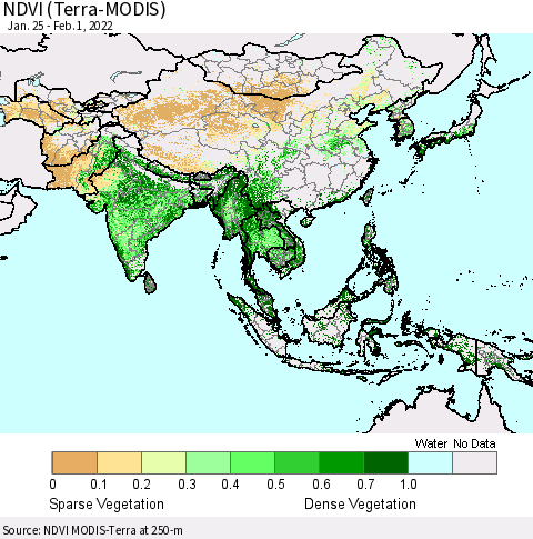 Asia NDVI (Terra-MODIS) Thematic Map For 1/25/2022 - 2/1/2022