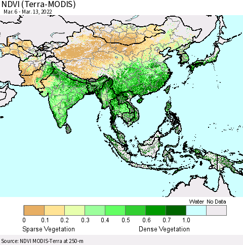 Asia NDVI (Terra-MODIS) Thematic Map For 3/6/2022 - 3/13/2022