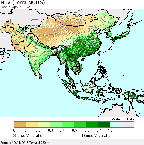 Asia NDVI (Terra-MODIS) Thematic Map For 4/7/2022 - 4/14/2022