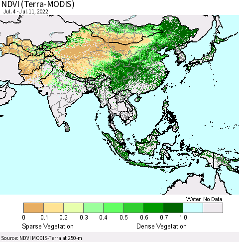 Asia NDVI (Terra-MODIS) Thematic Map For 7/4/2022 - 7/11/2022
