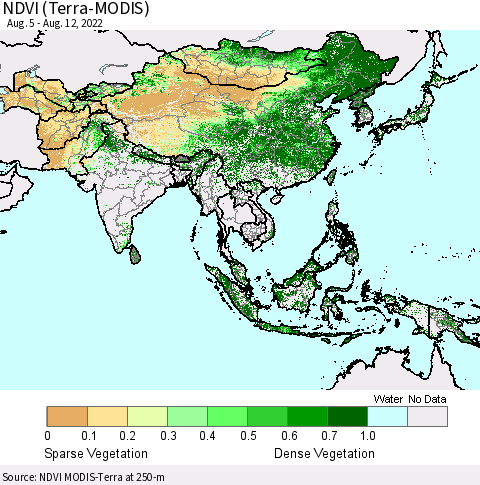 Asia NDVI (Terra-MODIS) Thematic Map For 8/5/2022 - 8/12/2022