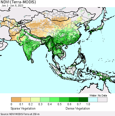 Asia NDVI (Terra-MODIS) Thematic Map For 1/1/2023 - 1/8/2023