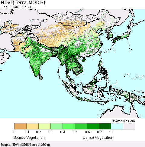 Asia NDVI (Terra-MODIS) Thematic Map For 1/9/2023 - 1/16/2023