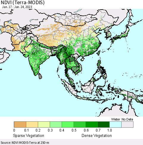 Asia NDVI (Terra-MODIS) Thematic Map For 1/17/2023 - 1/24/2023