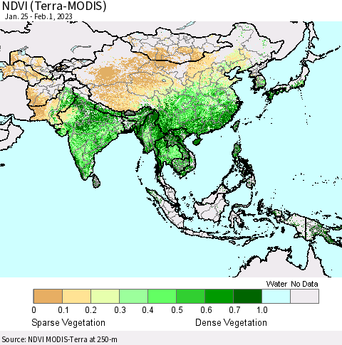 Asia NDVI (Terra-MODIS) Thematic Map For 1/25/2023 - 2/1/2023