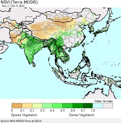 Asia NDVI (Terra-MODIS) Thematic Map For 2/2/2023 - 2/9/2023