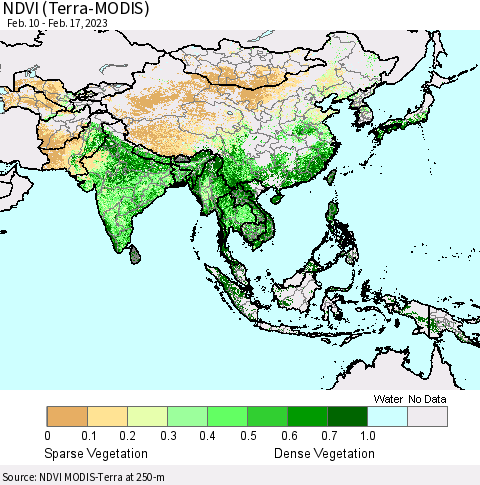 Asia NDVI (Terra-MODIS) Thematic Map For 2/10/2023 - 2/17/2023