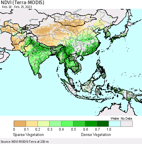 Asia NDVI (Terra-MODIS) Thematic Map For 2/18/2023 - 2/25/2023