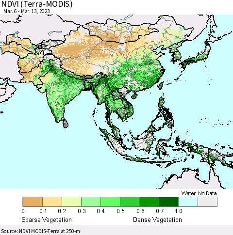 Asia NDVI (Terra-MODIS) Thematic Map For 3/6/2023 - 3/13/2023