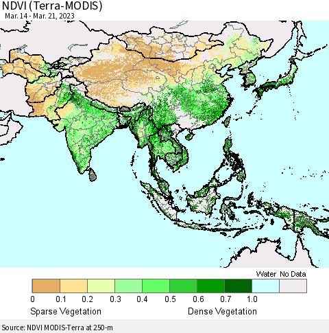 Asia NDVI (Terra-MODIS) Thematic Map For 3/14/2023 - 3/21/2023