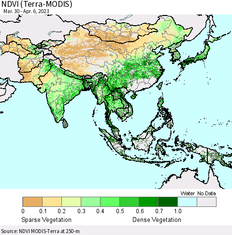Asia NDVI (Terra-MODIS) Thematic Map For 3/30/2023 - 4/6/2023