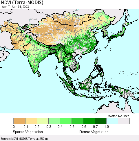 Asia NDVI (Terra-MODIS) Thematic Map For 4/7/2023 - 4/14/2023