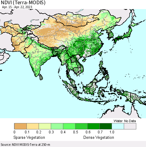 Asia NDVI (Terra-MODIS) Thematic Map For 4/15/2023 - 4/22/2023