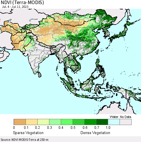 Asia NDVI (Terra-MODIS) Thematic Map For 7/4/2023 - 7/11/2023