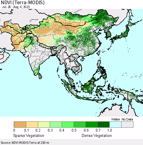 Asia NDVI (Terra-MODIS) Thematic Map For 7/28/2023 - 8/4/2023