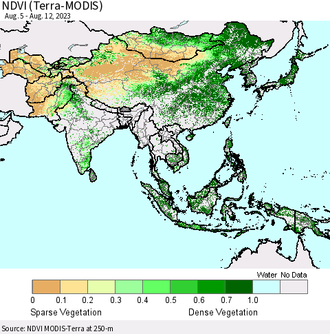 Asia NDVI (Terra-MODIS) Thematic Map For 8/5/2023 - 8/12/2023