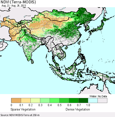 Asia NDVI (Terra-MODIS) Thematic Map For 8/21/2023 - 8/28/2023