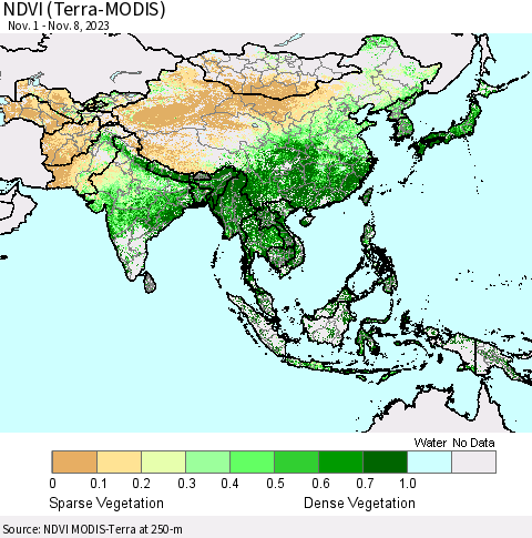 Asia NDVI (Terra-MODIS) Thematic Map For 11/1/2023 - 11/8/2023