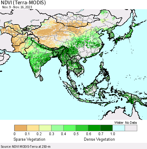 Asia NDVI (Terra-MODIS) Thematic Map For 11/9/2023 - 11/16/2023