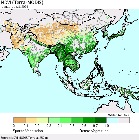 Asia NDVI (Terra-MODIS) Thematic Map For 1/1/2024 - 1/8/2024