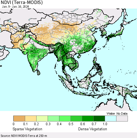 Asia NDVI (Terra-MODIS) Thematic Map For 1/9/2024 - 1/16/2024