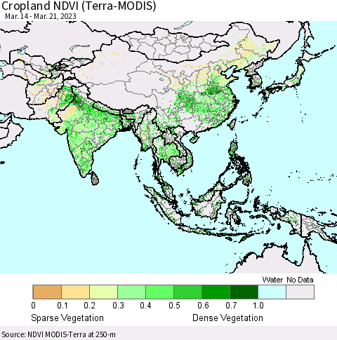 Asia Cropland NDVI (Terra-MODIS) Thematic Map For 3/14/2023 - 3/21/2023