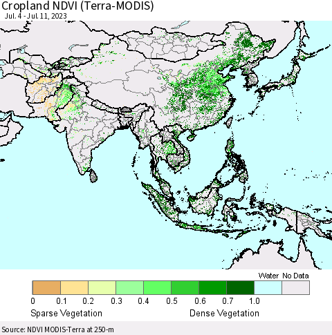 Asia Cropland NDVI (Terra-MODIS) Thematic Map For 7/4/2023 - 7/11/2023