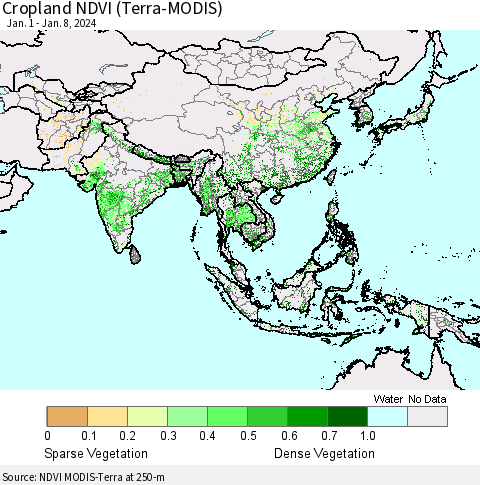 Asia Cropland NDVI (Terra-MODIS) Thematic Map For 1/1/2024 - 1/8/2024