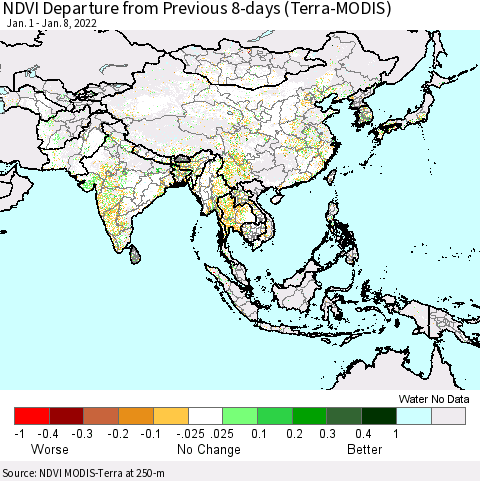 Asia NDVI Departure from Previous 8-days (Terra-MODIS) Thematic Map For 1/1/2022 - 1/8/2022