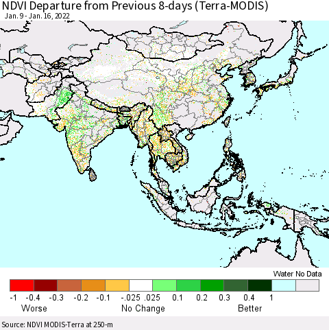 Asia NDVI Departure from Previous 8-days (Terra-MODIS) Thematic Map For 1/9/2022 - 1/16/2022