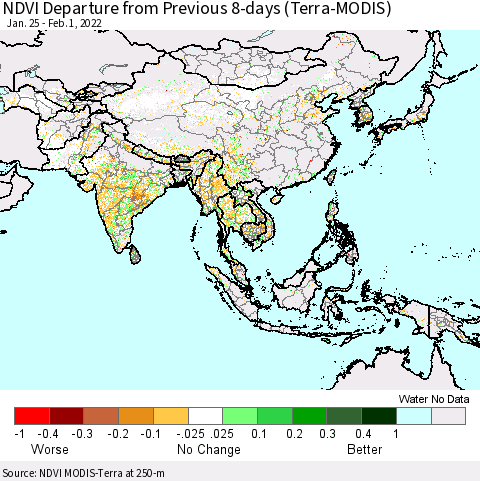Asia NDVI Departure from Previous 8-days (Terra-MODIS) Thematic Map For 1/25/2022 - 2/1/2022