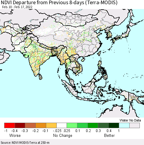Asia NDVI Departure from Previous 8-days (Terra-MODIS) Thematic Map For 2/10/2022 - 2/17/2022