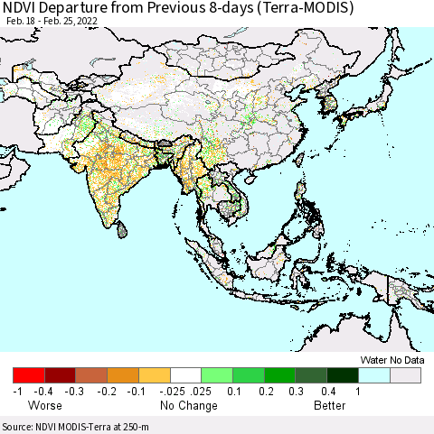 Asia NDVI Departure from Previous 8-days (Terra-MODIS) Thematic Map For 2/18/2022 - 2/25/2022