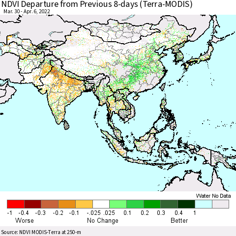 Asia NDVI Departure from Previous 8-days (Terra-MODIS) Thematic Map For 3/30/2022 - 4/6/2022