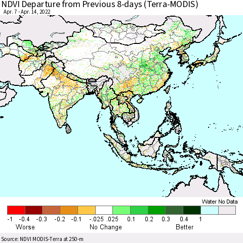 Asia NDVI Departure from Previous 8-days (Terra-MODIS) Thematic Map For 4/7/2022 - 4/14/2022