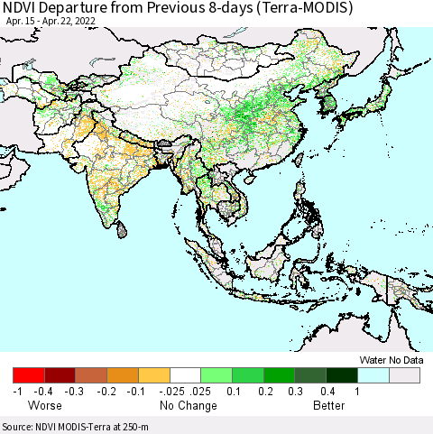 Asia NDVI Departure from Previous 8-days (Terra-MODIS) Thematic Map For 4/15/2022 - 4/22/2022