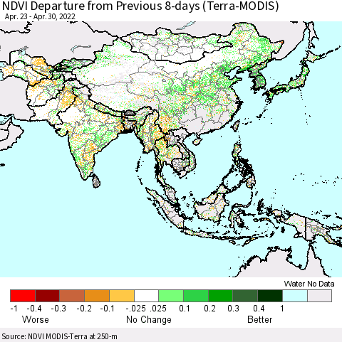 Asia NDVI Departure from Previous 8-days (Terra-MODIS) Thematic Map For 4/23/2022 - 4/30/2022