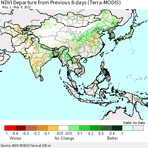 Asia NDVI Departure from Previous 8-days (Terra-MODIS) Thematic Map For 5/1/2022 - 5/8/2022